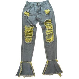 Jeans Womens Distressed Bell Bottom Festival Denim Flare Grunge Blue Raw Edge 26